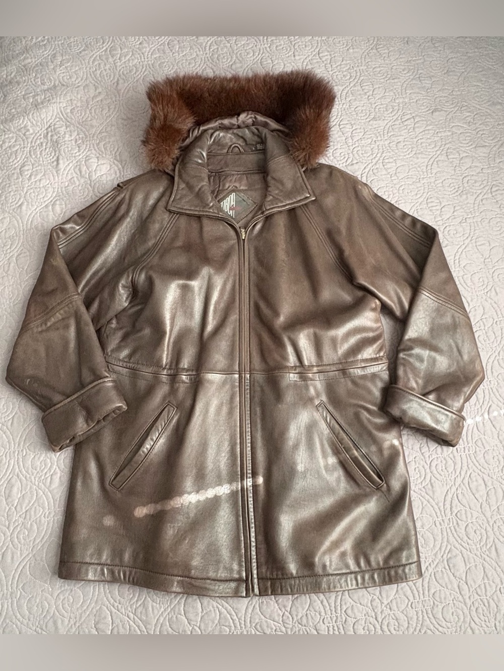 Vintage 90s Tibor Leathers Brown Lambskin Hooded Parka Jacket Fur Trim Large